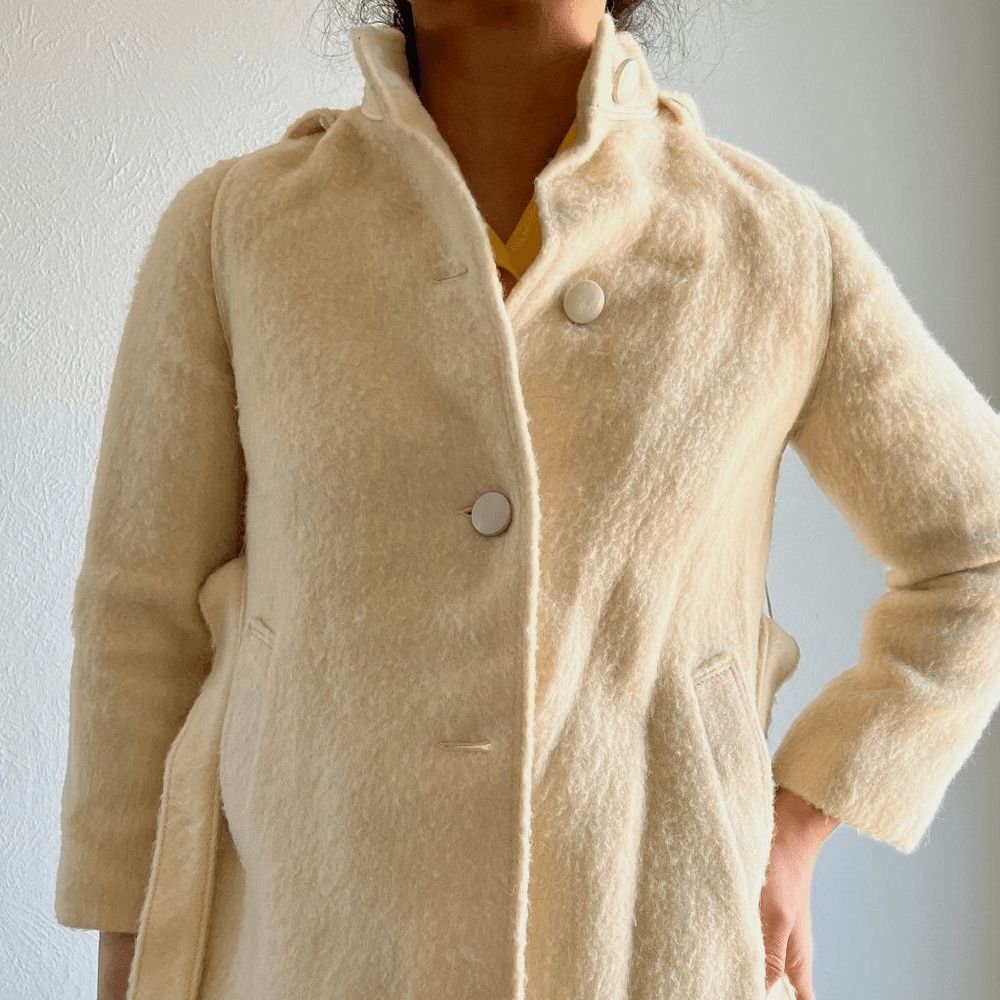 vtg 60s beige wool coat XXS girls 14/16 swing car coat hood made in Italy belted - Picture 6 of 12